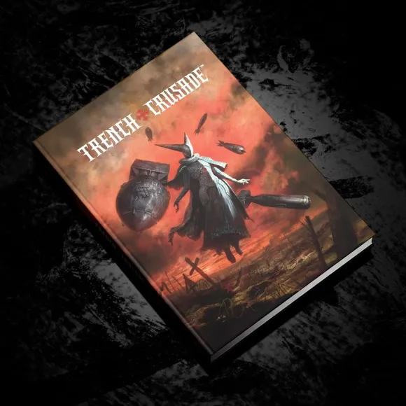 Trench Crusade book cover with armored figure, warplanes, and explosion.
