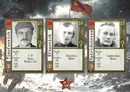 Three vertical cards with a Soviet flag and hammer-and-sickle star in the background. The first card shows a black-and-white portrait of a man with a mustache, labeled "1 XP Stoic Battle Cry" and numbered 10. The second card, labeled "Efimovich," shows a black-and-white portrait of a man in a dark uniform, with stats: Health 7, Loadout 11, HtH +1, and the ability "Sacrifice Ghost," and is numbered 16. The third card, labeled "Spiridonova," shows a black-and-white portrait of a woman, with stats: Health 5, Loadout 11, HtH +1, and the ability "Leadership Ghost," and is numbered 16.