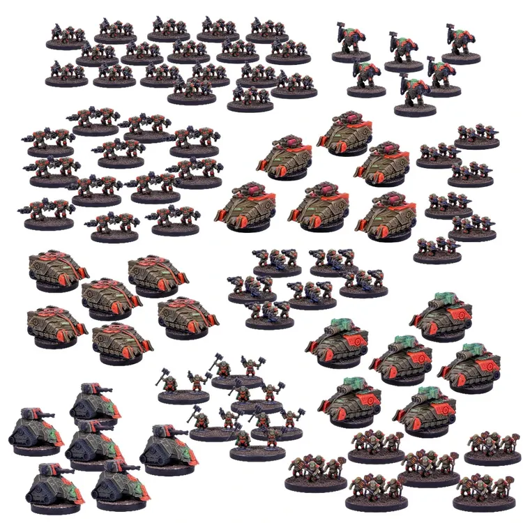 A collection of 440 plastic miniatures from the Epic Warpath Battle for Phrovox starter set, featuring various sci-fi figures and vehicles. The miniatures include infantry units in dark armor with red accents, alongside armored vehicles with distinctive designs, showcasing a mix of human and alien forces. The arrangement highlights the diversity of the armies, emphasizing the scale and detail of the miniatures suitable for 10mm wargaming.