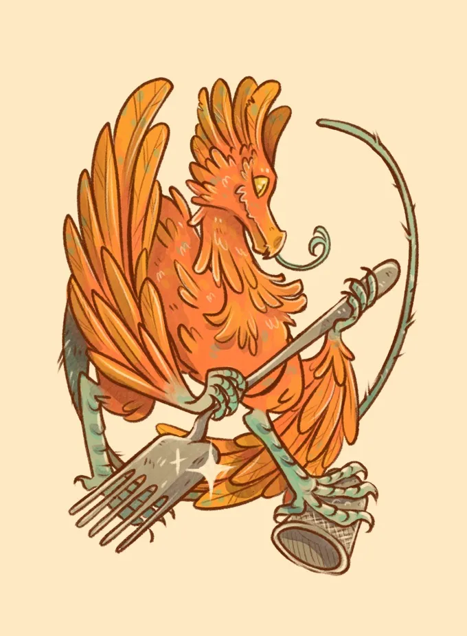 A small, whimsical dragon with vibrant orange feathers and teal scales is depicted holding a shiny fork and a cup, showcasing its playful nature. The dragon has a curious expression, with its tongue playfully sticking out, and its wings are spread wide, emphasizing its unique features. The background is a soft, neutral color, allowing the dragon and its treasures to stand out prominently.