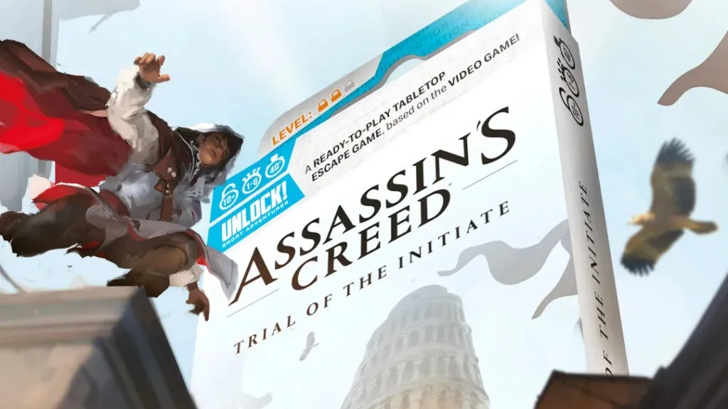A woman in Assassin’s Creed attire mid-leap over a rooftop, holding a Hidden Blade. A box for Assassin’s Creed: Trial of the Initiate with text: "UNLOCK! READY-TO-PLAY TABLETOP EDGE GAME. DIY VIDEO GAME. £6.99. ASSASSIN’S CREED. TRIAL OF THE INITIATE." Space Cowboys logo at bottom.