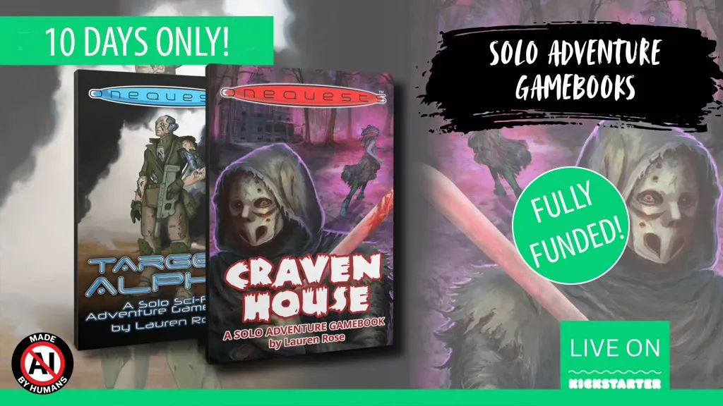 Cover of Craven House solo adventure gamebook by Lauren Rose, featuring dark fantasy art: a masked figure with glowing eyes holding a knife, standing over a prone victim in a dimly lit, blood-splattered hallway.