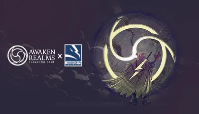 Dark-themed illustration featuring a stylized, large mechanical owl with glowing yellow eyes and intricate gears visible inside its head. The owl's wings are spread wide, displaying detailed feathers with a mix of gold and dark tones. The background shows a night sky with faint clouds and a crescent moon. In the top left corner, there is a logo for Thundergryph Games, which includes a stylized lightning bolt and the text "THUNDERGRYPH GAMES." To the left of the logo, partially visible text reads "AWAKEN REALMS x" in white capital letters.