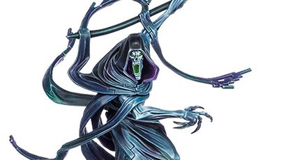 A sleek and dynamic model of the Necron Shard of the Nightbringer, featuring a flowing black and teal cloak that accentuates its ethereal form. The figure wields a large, menacing scythe, with a skeletal face that has a vibrant green mouth, adding to its ominous presence. Surrounding the figure are swirling Scarab swarms, enhancing the character's connection to the Necron lore.