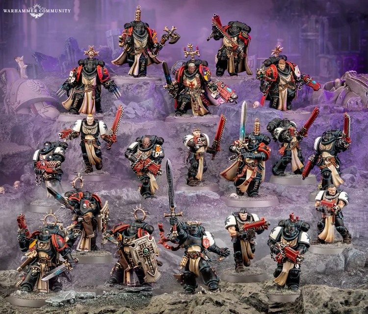 A collection of detailed miniature figures from the Black Templar faction of Warhammer 40,000 is displayed against a dark, rocky backdrop. The figures include various characters such as the Emperor’s Champion, Bladeguard Veterans, and Sword Brethren, all adorned in black and red armor with intricate details. Some figures wield swords and ranged weapons, showcasing a mix of melee and ranged combat capabilities, while the overall composition emphasizes their readiness for battle.