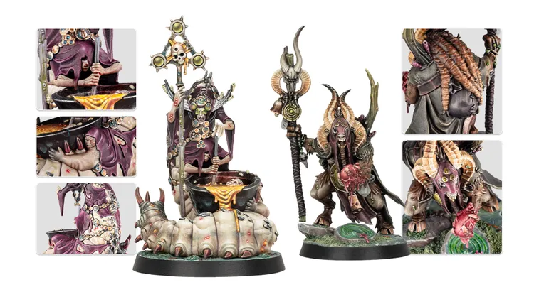 A grotesque and detailed miniature of the daemon prince Gelgus Pust stands prominently, featuring a toothy grin and moth-like wings, with pestilent boils adorning his body. He holds a staff topped with a skull and is surrounded by a cauldron emitting a viscous, orange substance, while a large, worm-like creature forms the base of the figure. Additional smaller images showcase close-ups of Gelgus's intricate details, including his tattered robes and the souls trapped within his rusty sword.