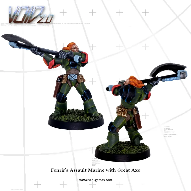 Two green-armored figures with orange hair and beards, holding large axes, on bases with grass.