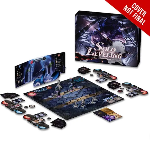 Solo Leveling board game box, components, and hexagonal game board with miniatures and cards.