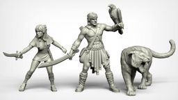 A set of three fantasy miniatures features a muscular male hero wielding a sword and holding a falcon, alongside a svelte female character brandishing a dagger. Both figures are depicted in a dynamic pose, showcasing intricate details in their clothing and accessories, reminiscent of 80s high-fantasy cinema. The miniatures are presented in a light gray color, highlighting their sculptural features.