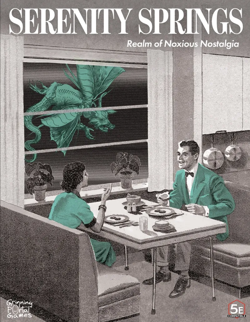 A 1950s couple dining at a table with a large insect outside the window.