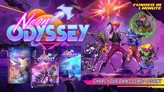 A vibrant and dynamic illustration showcases a diverse group of characters from the Neon Odyssey campaign, each displaying unique sci-fi attire and weapons, set against a colorful cosmic backdrop. Prominently featured are three core books: "Outrunner’s Handbook," "Cosmic Codex," and "Overdrive Expansion," with the text "CHART YOUR OWN COSMIC DESTINY" highlighted below. The campaign's success is emphasized with the note "FUNDED IN 1 MINUTE" at the top.