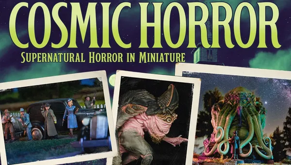 The image features the title "COSMIC HORROR" prominently at the top, with the subtitle "Supernatural Horror in Miniature" below it. Surrounding the title are several vintage-style photographs depicting scenes from the game: a group of characters, including men in suits and a woman in a blue dress, stand near a classic car, while monstrous entities loom in the background. The overall color scheme is dark and atmospheric, evoking a sense of mystery and horror typical of the 1930s Cthulhu Mythos.