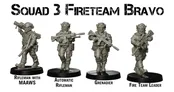 Four detailed miniature figures representing Squad 3 Fireteam Bravo are displayed. From left to right, the figures include a Rifleman equipped with a MAAWS, an Automatic Rifleman, a Grenadier, and a Fire Team Leader, all wearing modern tactical gear. Each figure is intricately designed, showcasing various weapons and equipment, emphasizing their roles within the squad.