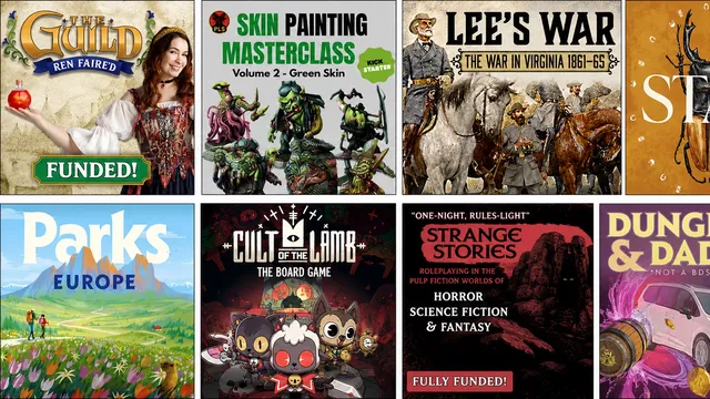 Top left: "SKIN PAINTING MASTERCLASS Volume 2 - Green Skin"
Top right: "LEE'S WAR THE WAR IN VIRGINIA 1861-6"
Bottom left: "CULT OF THE LAMB THE BOARD GAME"
Bottom right: "