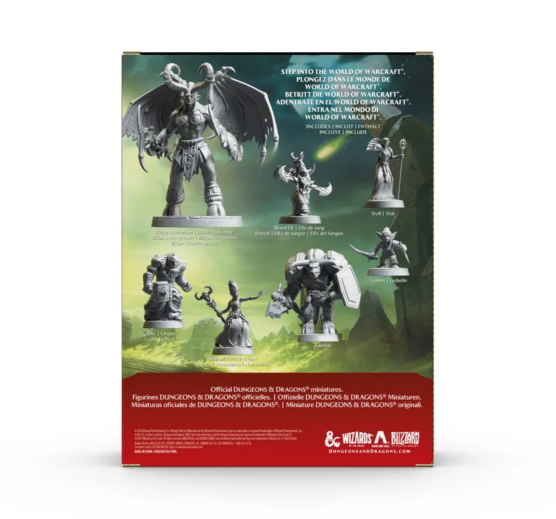 Miniatures of World of Warcraft characters on a green background.