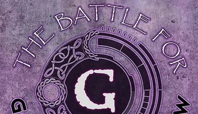 A circular logo features the text "THE BATTLE FOR GREENHOLLOW" prominently displayed around a central letter "G." The design incorporates intricate, swirling patterns and a dark background, creating a mystical and engaging aesthetic. The overall color scheme includes shades of purple and black, enhancing the theme of a fantasy wargaming event.