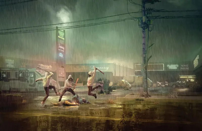 A group of four figures in hooded sweatshirts is depicted in a rain-soaked urban environment, engaged in a violent confrontation. One figure is poised mid-strike with a bat, while another appears to be kicking a fallen individual on the ground. The background features a dimly lit street with a sign for a business, partially obscured by the heavy rain, and various vehicles scattered around, contributing to the chaotic atmosphere. The overall scene conveys a sense of tension and danger typical of the Cyberpunk genre.