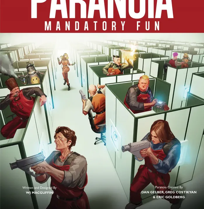 Office cubicles with worker looking over the top and seeing two red troubleshooters brandising weapons on the hunt for something