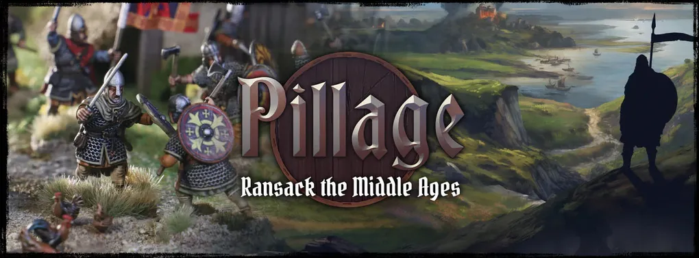 A stylized logo for the game "Pillage" features bold, metallic lettering with a wooden shield backdrop, emphasizing the theme of ransacking during the Middle Ages. In the background, Viking warriors are depicted, equipped with shields and weapons, set against a scenic landscape that includes rolling hills and distant fortifications. The subtitle "Ransack the Middle Ages" is displayed prominently beneath the main title, highlighting the game's focus on narrative-driven skirmishes.