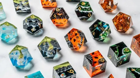 A collection of luxury polyhedral dice in various colors and designs, inspired by famous landmarks. The dice feature intricate patterns resembling geological formations, with colors ranging from vibrant oranges and greens to cool blues and blacks. Each set includes a mix of shapes, such as d4, d6, d8, d10, d%, d12, and d20, all displayed on a light surface.