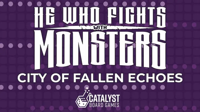 Purple background with dotted pattern. White and gray text reads: "He Who Fights with Monsters" with a sword graphic, "with" in smaller text, "Monsters" in large white letters, and "City of Fallen Echoes" in smaller gray text beneath.