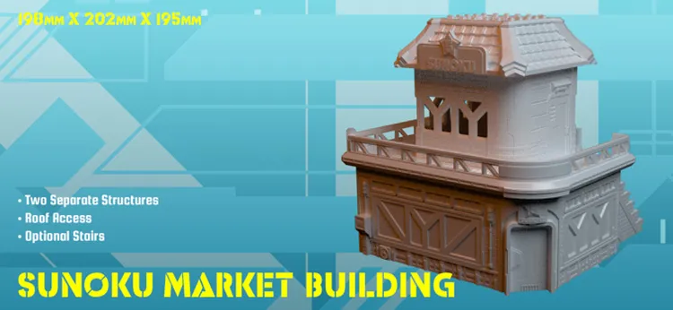 A detailed 3D model of the Sunoku Market Building, showcasing two separate structures with a distinct rooftop access feature. The building has a textured facade with decorative elements, including a sloped roof and optional stairs. The design emphasizes modularity, making it suitable for various tabletop gaming scenarios.