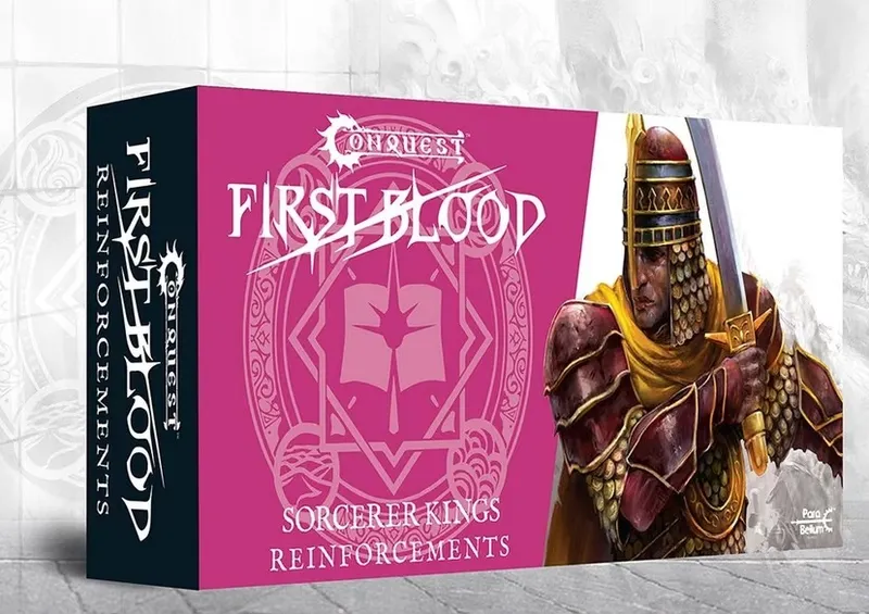 "Conquest First Blood Sorcerer Kings Reinforcements" book cover with armored warrior.