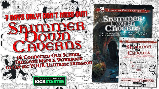 A promotional graphic for the "Shimmerdown Caverns" Kickstarter campaign features a detailed, hand-drawn dungeon map in the background, showcasing various interconnected areas. The foreground displays bold, stylized text announcing "Shimmer Down Caverns" and emphasizing "16 Connected Old School Dungeon Maps & Workbook to Create YOUR Ultimate Dungeon." A smaller section encourages viewers to support the campaign on Kickstarter, with a visual of a cave entrance on the right side.