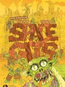 A vibrant illustration features a chaotic scene filled with cartoonish space orcs, each displaying exaggerated features and expressions, set against a bright yellow background. The title "SPACE GITS" is prominently displayed in bold, blocky letters, surrounded by various orc characters engaging in raucous activities amidst a backdrop of debris and makeshift structures. The overall tone is playful and energetic, capturing the essence of a fun, chaotic skirmish game.