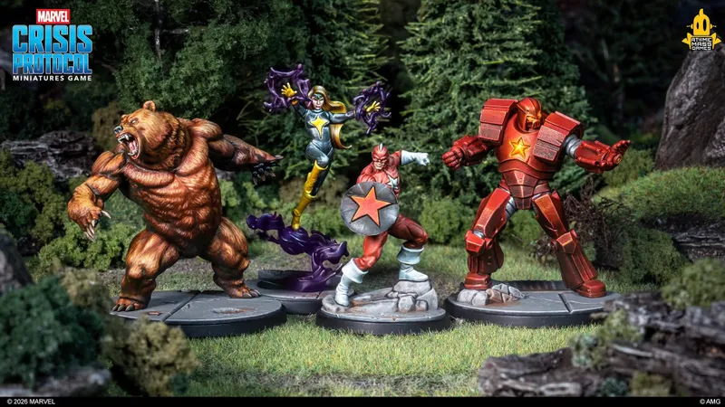 Four painted miniatures on grass: a bear-like creature, a woman with purple energy, a man with a star shield, and a red armored figure.