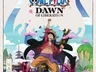 A vibrant illustration features a character from One Piece, wearing a straw hat and a red open shirt, joyfully raising one arm in celebration. The background depicts a colorful Wano landscape with traditional Japanese architecture, including pagodas and bridges, surrounded by lush greenery and pink clouds. The title "ONE PIECE: DAWN OF LIBERATION" is prominently displayed at the top, along with details indicating the game is for 1-4 players, has a playtime of 180 minutes, and is suitable for ages 14 and up.
