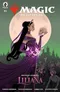 Woman in purple dress holding a skull, full moon, city silhouette, text "UNTOLD STORIES"