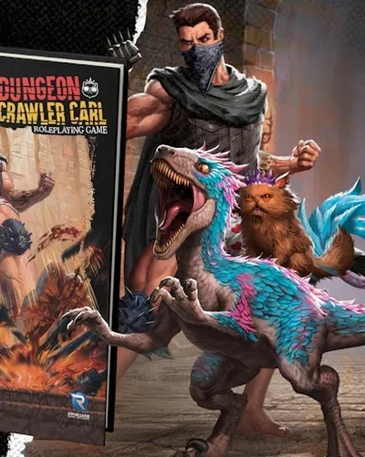 A dynamic scene features the "Dungeon Crawler Carl" RPG core rulebook prominently displayed, showcasing vibrant artwork on its cover. To the left, a character with a beard and a mask stands confidently, while a colorful, fantastical creature resembling a dinosaur with a furry companion is positioned nearby. The background includes a stone dungeon setting, enhancing the adventurous theme of the game.
