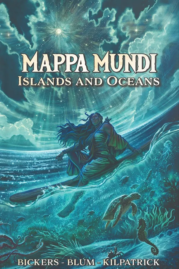A woman with long, flowing dark hair and a colorful, striped outfit rides a wave on a surfboard-like object. She is surrounded by glowing blue water, with a sea turtle swimming nearby and coral visible below. The background features a cosmic, starry sky with swirling clouds and light. The text "Mappa Mundi Islands and Oceans" is displayed at the top in a stylized font.