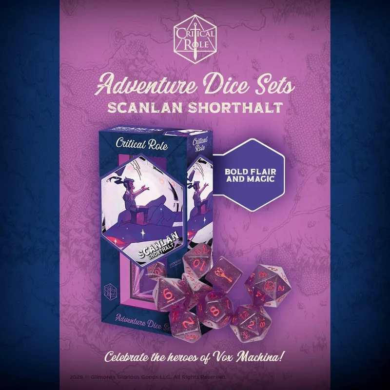 Critical Role Adventure Dice Sets Scanlan Shorthalt box with purple dice and text.