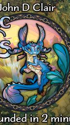 A whimsical illustration features a blue, amphibious creature with large ears and expressive eyes, sitting gracefully amidst lush greenery and a serene waterfall. The title "Mystic Lands" is prominently displayed in a stylized font above the creature, while the text "Live & Funded in 2 minutes!" is featured at the bottom. Surrounding the central image are circular frames showcasing vibrant landscapes, enhancing the enchanting theme of the game.