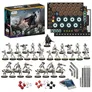 A Star Wars: Legion Galactic Empire Starter Set is displayed, featuring a box with artwork of Darth Vader and stormtroopers in a battle scene. In front of the box, there are 24 miniatures, including a prominent Darth Vader figure and various stormtroopers, all in a gray and white color scheme. Additionally, the set includes dice in red, white, and black, game tokens, measurement tools, and cards, providing everything needed for new players to start their games.