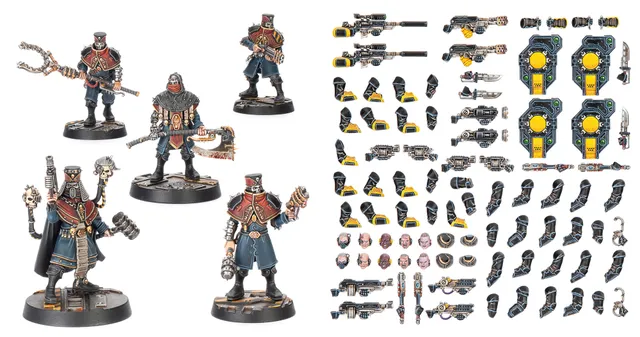 A detailed assortment of miniature components for tabletop gaming, featuring various weapons, arms, and heads designed for use in the Necromunda setting. The items include rifles, pistols, grenades, and melee weapons, alongside mechanical parts and accessories. The color scheme predominantly features black with yellow and green accents, showcasing a mix of futuristic and industrial designs suitable for character customization.