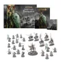 A collection of miniatures and game components from the Soulblight Gravelords Deathrattle Army Set is displayed. In the center, a mounted Wight King stands prominently, surrounded by five Barrow Knights and 20 Barrow Guard figures, all intricately detailed. The set also includes the Battletome: Soulblight Gravelords and a set of warscroll cards, with the packaging featuring dark, atmospheric artwork that complements the undead theme.