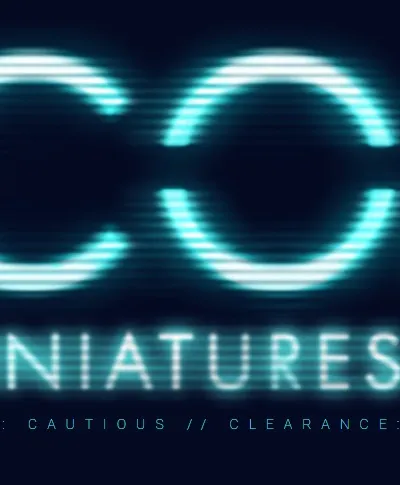 The image features the title "XCOM: The Miniatures Game" displayed in a futuristic, glowing font against a dark background. The text is stylized with a digital glitch effect, emphasizing a high-tech theme. Below the title, there are cautionary phrases: "THREAT LEVEL: CAUTIOUS // CLEARANCE: RESTRICTED," adding to the game's atmosphere of secrecy and urgency.
