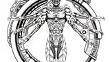 A detailed black-and-white line drawing of a humanoid figure with a skeletal, cybernetic appearance. The figure stands front-facing within a circular frame resembling a mechanical or technological structure. Its body combines organic bone and muscle with mechanical components: exposed ribs, spine, and limbs are interwoven with pipes, gears, and robotic joints. The head is skull-like with hollow eye sockets and a gaping mouth. The arms extend outward, ending in clawed hands, while the legs are positioned apart, anchored to the circular base by mechanical supports. At the bottom of the image, inside a black rectangular box, white text reads: "FOR USE WITH THE MOTHERSHIP 1E".