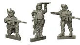 Three detailed miniature figures of U.S. Marines are displayed, each standing on a base labeled "WHITE DRAGON MINIATURES 2024." The first figure holds a weapon in one hand and gestures with the other, while the second figure points forward, equipped with tactical gear and a rifle. The third figure stands with a weapon slung, showcasing a realistic portrayal of modern military equipment.
