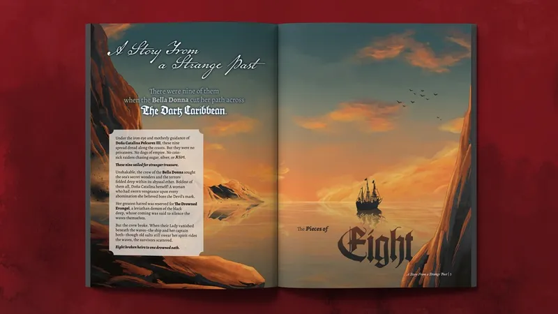 Open book with text and a ship sailing at sunset.