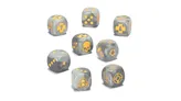 A set of eight dice designed for the "Tribes of the Wasteland" in Necromunda, featuring a marbled gray finish with bright orange symbols. The dice display various icons, including a skull, a medical cross, and a spider, among others, each representing different game mechanics. The arrangement showcases the unique designs and colors, emphasizing their thematic connection to the Ash Wastes nomads.