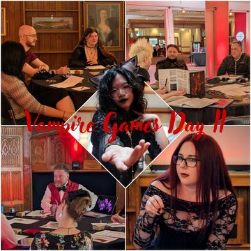 A collage of images from Vampire Games Day II showcases various participants engaged in tabletop roleplaying games in a gothic setting. In the top left, a group of players sits around a table, with a portrait hanging on the wall behind them. The center features a participant with cat-like ears extending a hand, while the bottom left shows a storyteller in a red vest leading a session. The bottom right highlights a player in a black lace outfit, all set against a backdrop of elegant wooden decor and ambient lighting. The title "Vampire Games Day II" is prominently displayed in a bold, red font across the collage.