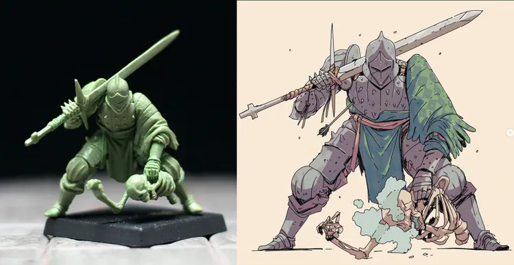 A green resin miniature of a cloaked figure crouches on a black base, showcasing intricate details in its design. Beside it, an illustration depicts a large armored knight wielding a spear, adorned with a flowing green cape, and standing over a defeated foe. The contrasting styles highlight the unique characters from Westfalia Publishing's new Kickstarter campaign, 