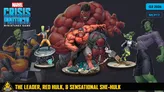 A dynamic illustration showcases two versions of She-Hulk alongside a large, muscular character resembling the Hulk, depicted in a vibrant red hue. The red Hulk is shown in an aggressive pose, while the green She-Hulk stands confidently in a business outfit, complete with glasses. The scene includes debris and a broken chair on the ground, emphasizing the action-packed theme of the Marvel: Crisis Protocol Miniatures Game. The text "SENSATIONAL SHE-HULK" is prominently displayed at the bottom.