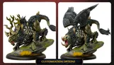 A detailed miniature showcases a fierce warbeast with a muscular, spiked body and a mix of animal features, including a boar-like head and large, feathered wings. The creature stands on a rocky base adorned with tufts of grass, emphasizing its dynamic pose. Below the image, the text "CUSTOMISATION OPTIONS" highlights the ability to modify the miniature, suggesting various head options for personalization.
