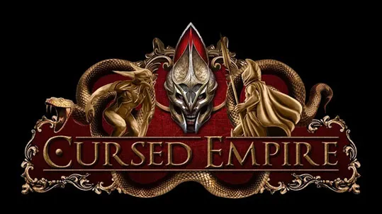 The logo for "Cursed Empire" features a striking design with a central, ornate helmet-like figure, flanked by two stylized characters—one resembling a serpent and the other a cloaked figure. The background is a deep red, enhancing the dramatic effect, while the title "CURSED EMPIRE" is prominently displayed in bold, gold lettering at the bottom. Intricate details and textures add depth to the overall composition, evoking a sense of epic dark fantasy.