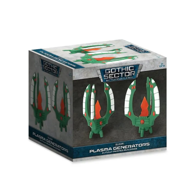 A box featuring two Eldar Plasma Generators from the Gothic Sector range, designed for tabletop gaming. The box is predominantly grey with a blue and black label, showcasing the vibrant green generators adorned with white and red details. The generators have a sleek, futuristic design with fluid arches, emphasizing their Eldar aesthetic.